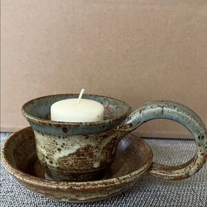 Ceramic Handthrown Signed Studio Pottery Candle Holder attached Saucer signed